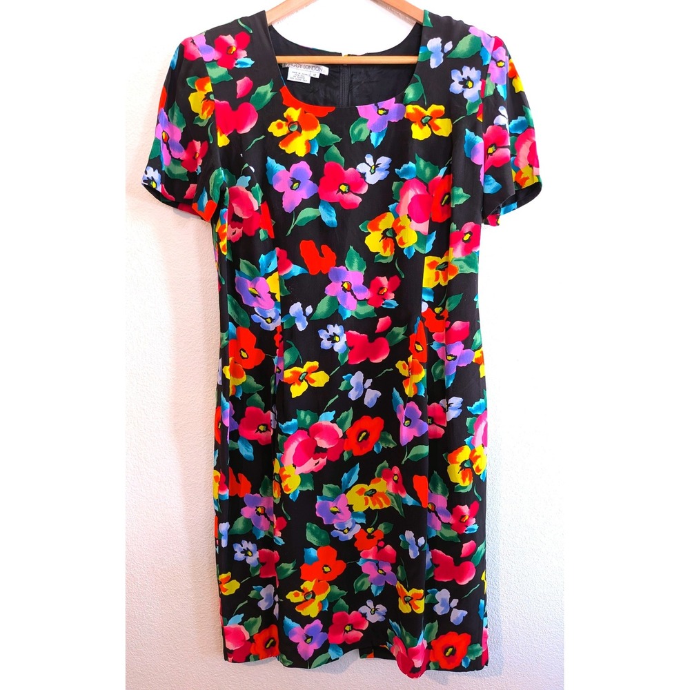 Maggy London Vintage 100% Silk Floral Sheath Dress Black Multi Color Size 12